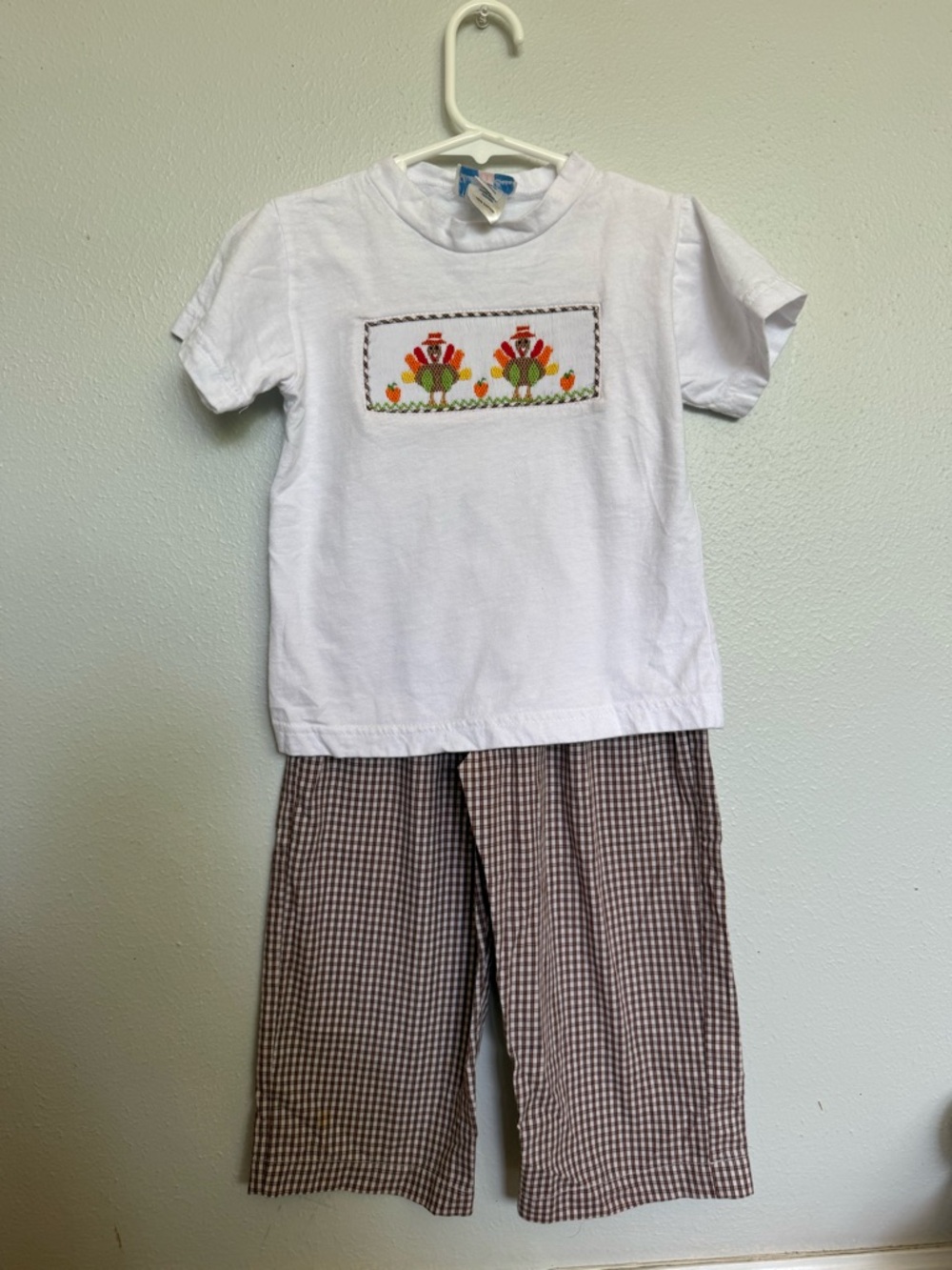White Tee with Colorful Smocked Turkeys & Brown Gingham Pants